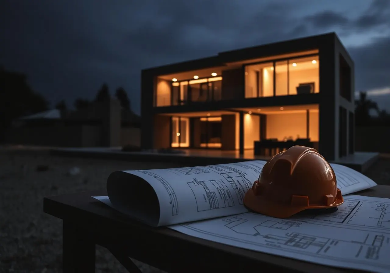 Architectural blueprints with hard hat at a coastal villa construction site