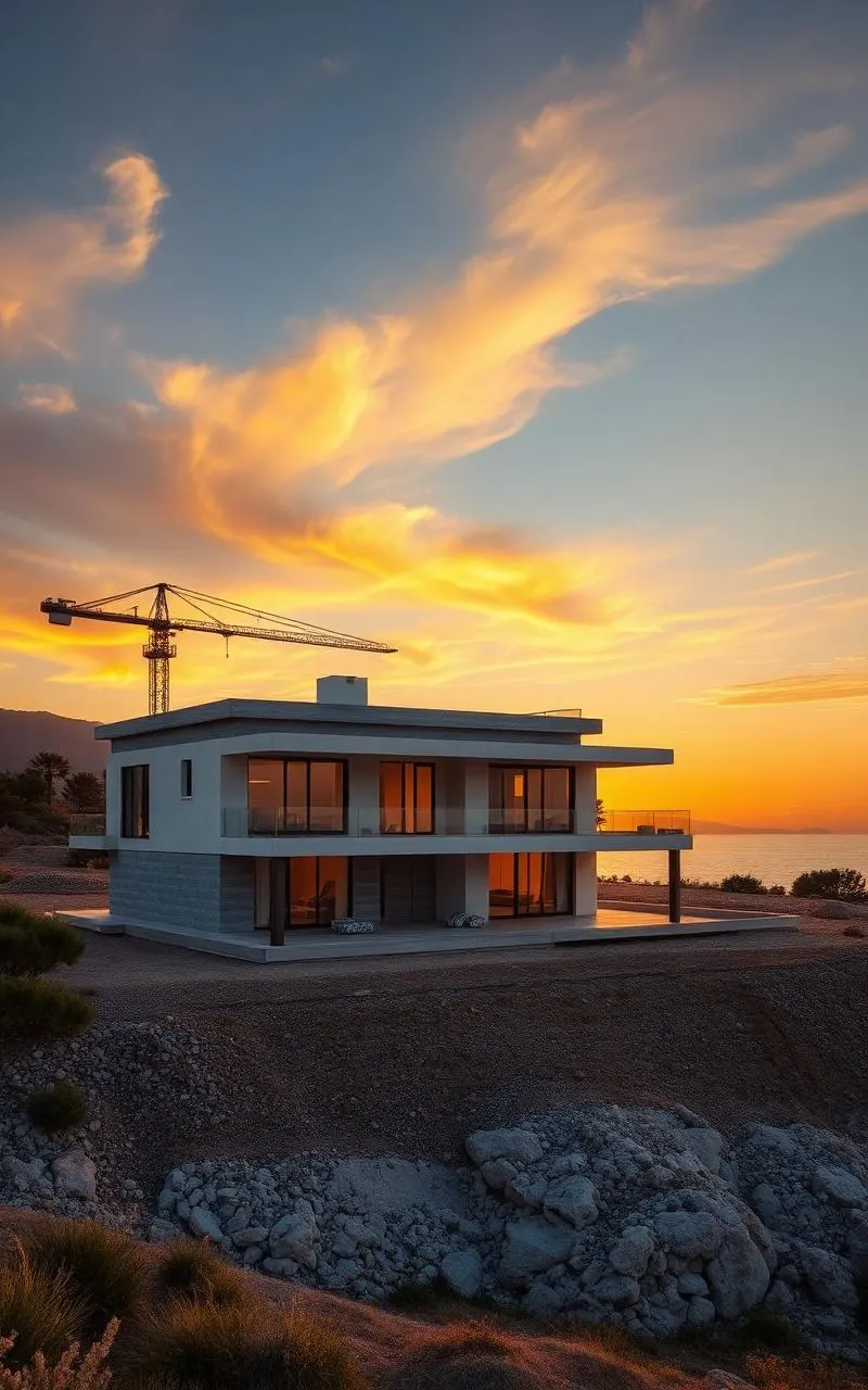 Modern villa construction site against the Adriatic coastline