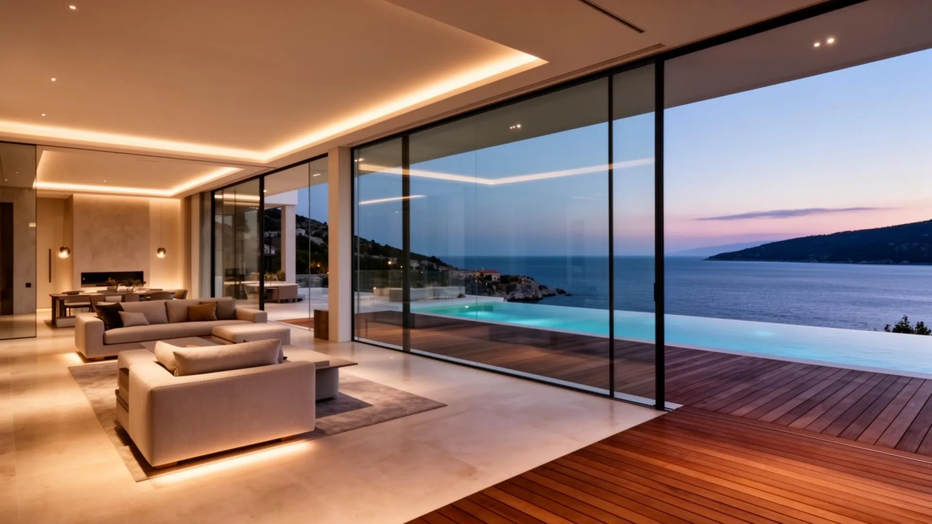 Modern luxury Adriatic villa interior at twilight with floor-to-ceiling glass overlooking the sea and a teak pool deck