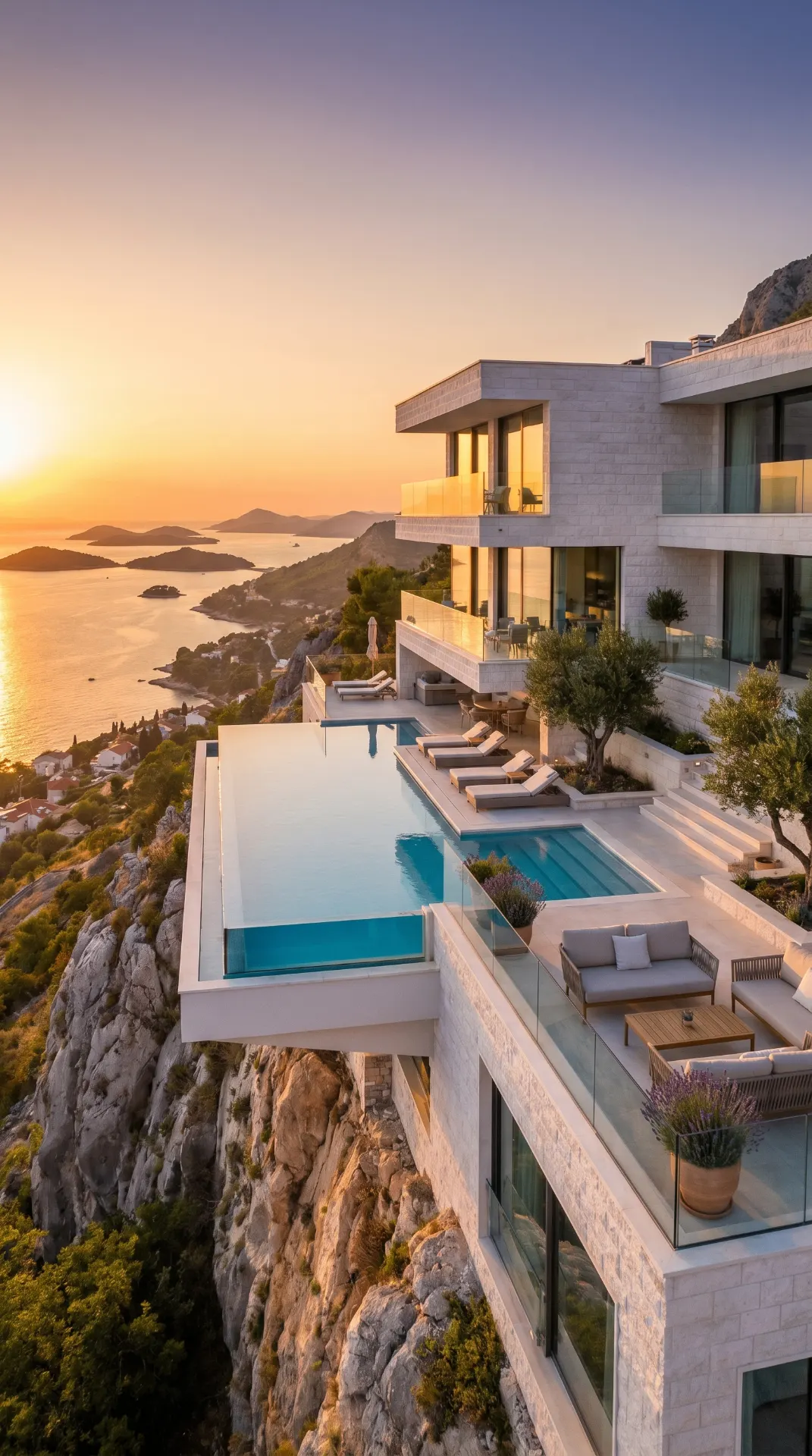 Minimalist brutalist concrete villa on a dramatic Adriatic cliff